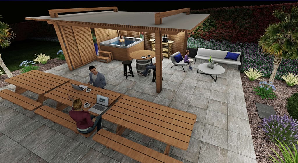 Projet d'aménagement extérieur sur plan 3D pour une maison à Gorron: Coin spa protégé par une pergola bois avec cloisons coulissante, terrasse grès cérame effet pierre.