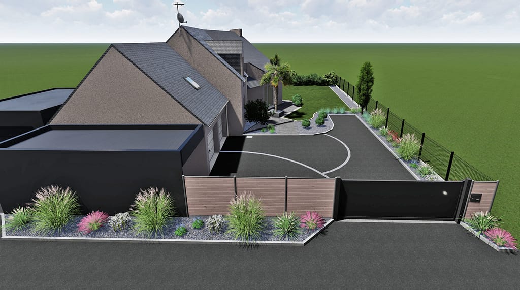 Projet d'aménagement extérieur sur plan 3D pour une maison de campagne à Saint Aubin des Landes: Clôture composite et grillage rigide, portail coulissant en aluminium, cours carrossable en bitume noir, décors en chaînette pavé gris, allée pavé gris nuancé, massif paillage d'ardoise.