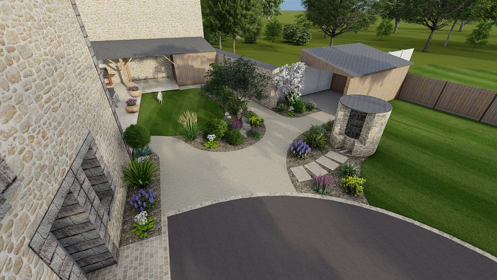 Projet d'aménagement extérieur sur plan 3D pour une maison de campagne à Bais: Zone carrossable en bitume noir, allée béton désactivé, terrasse carrelage en grès crème claire, massif avec paillage écorce de pin.