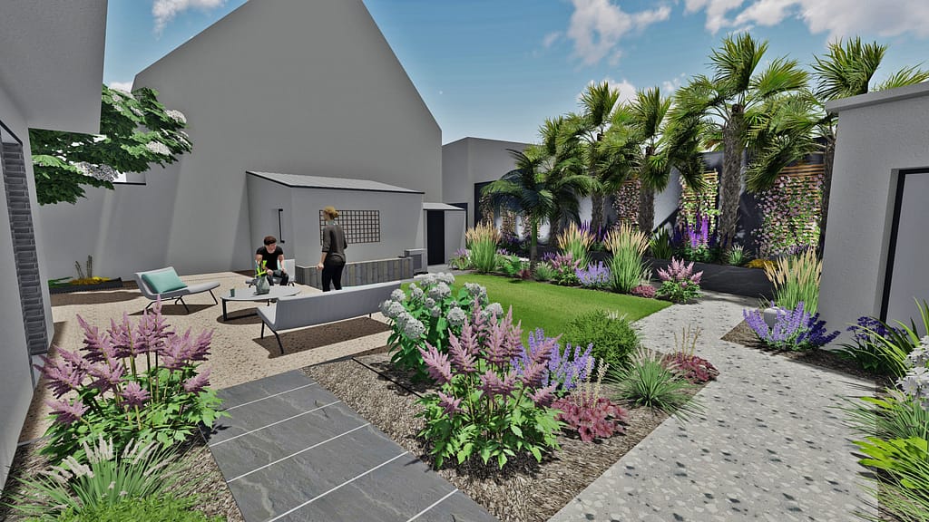 Projet d'aménagement extérieur sur plan 3D pour une maison neuve à Vitré: Terrasse et allée en béton désactivé,, pas japonais en ardoise, retenue de terre en ardoise, bac en Azobé, ganivelles avec plantes grimpantes, massif ambiance naturel avec écorce de pin, palmier.