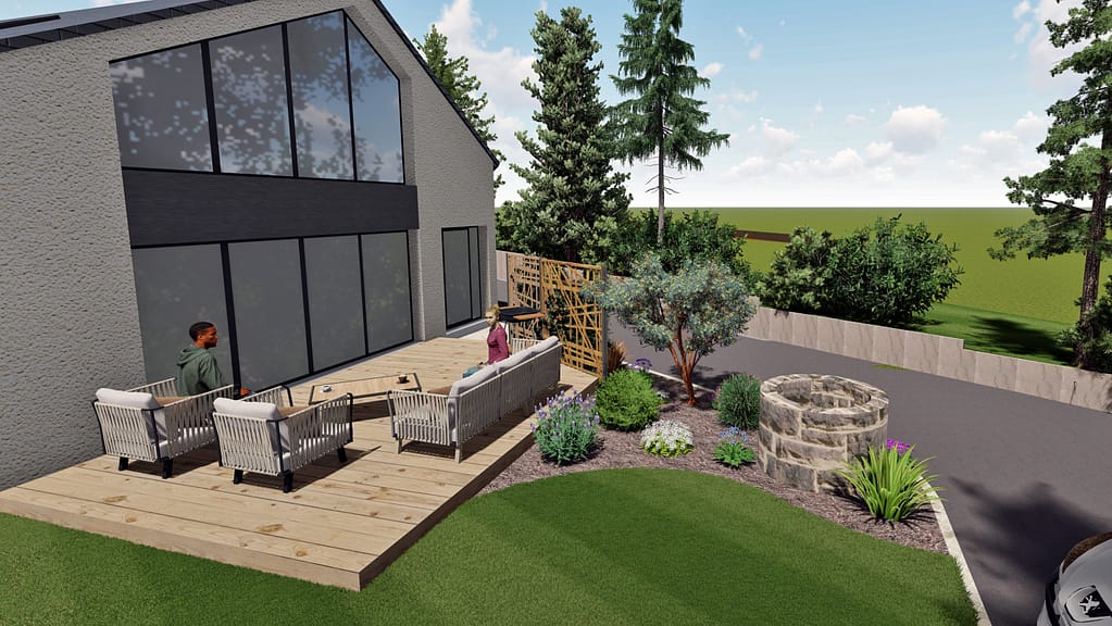Projet d'aménagement extérieur sur plan 3D pour une maison neuve à Noyal sur Vilaine: terrasse bois , retenue de terre en grès multicolore, entrée pavé en grès, chaînette pavée en grès, massif et claustras bois pour cacher la terrasse.