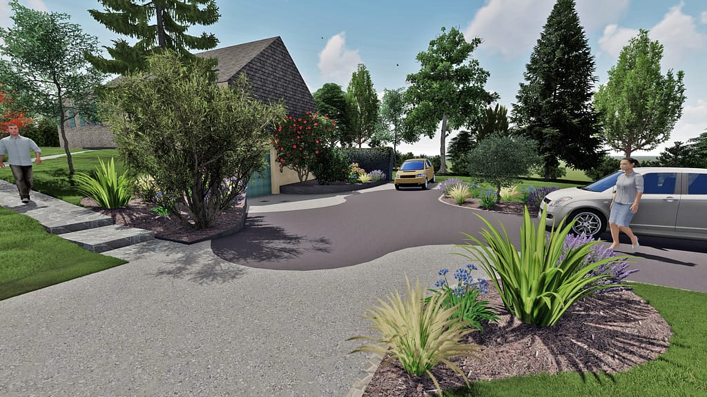 Projet d'aménagement extérieur sur plan 3D pour une maison de campagne à Vitré: Allée en béton érodé, cours en bitume noir, zone en courbe, retenue de terre en ardoise pour créer des plateaux de massif.