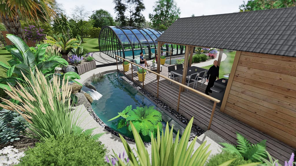 Projet d'aménagement extérieur sur plan 3D pour une maison de campagne à Cornillé: Piscine couverte, bassin naturel, allée en béton désactivé, terrasse bois, abris bois, massif ambiance tropical.
