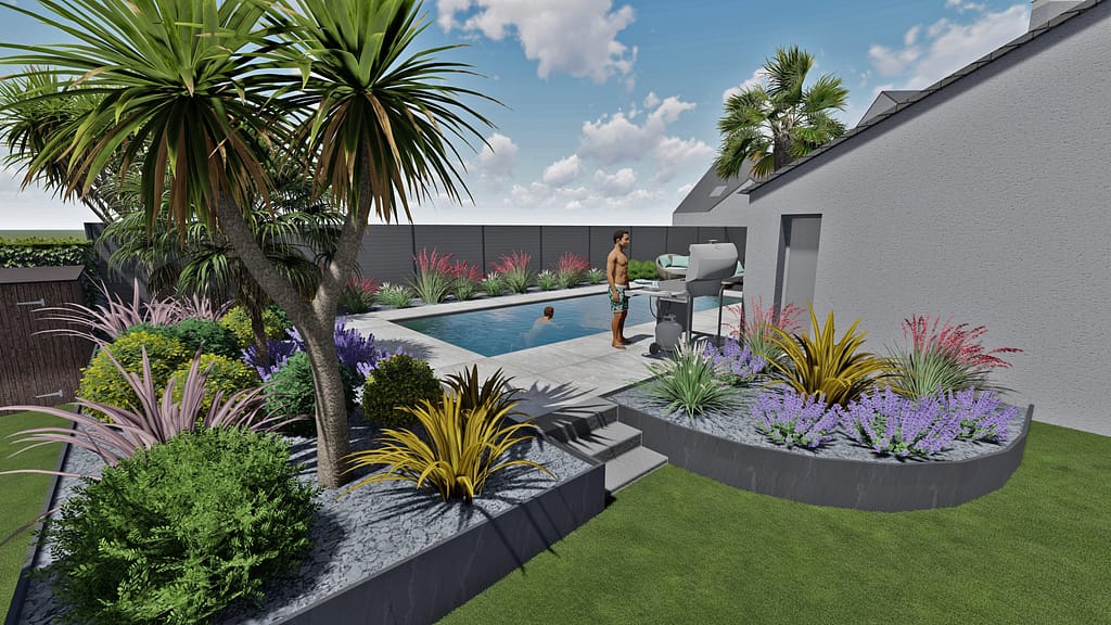 Projet d'aménagement extérieur sur plan 3D pour une maison moderne à Vitré: Piscine intégré dans une terrasse céramique format 1x1m ton pierre, escalier en bloc marche béton, retenue de terre en palis d'ardoise, massif toute autour de la zone pour créer un espace.