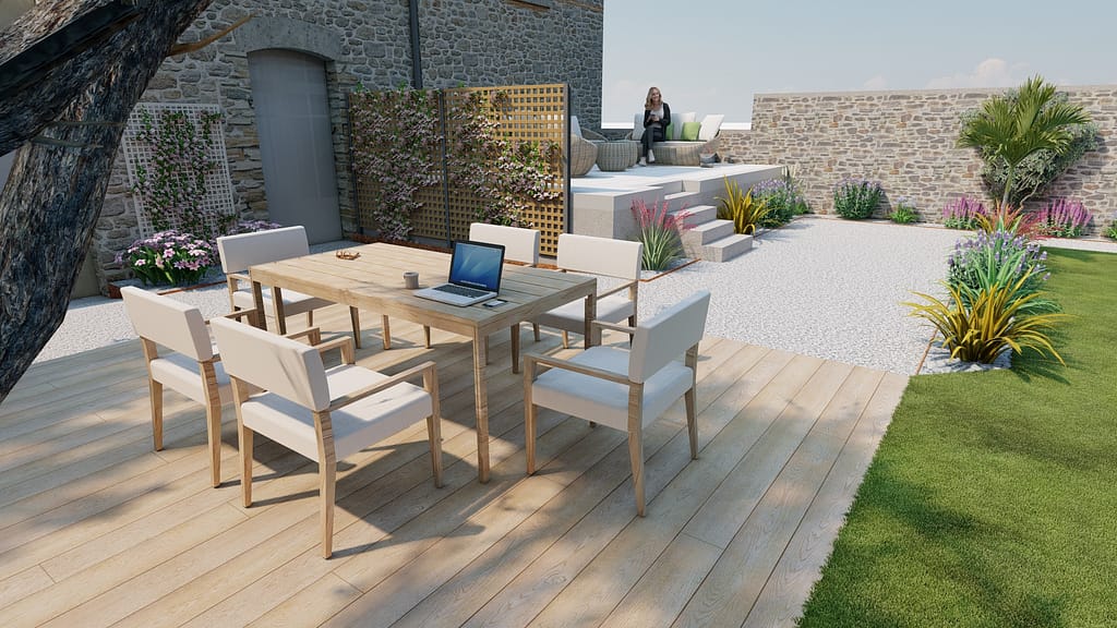 Projet d'aménagement extérieur sur plan 3D pour une maison de campagne à Vitré: Terrasse bois, Terrasse béton surélevé, claustras bois avec plantes grimpantes, massif de végétation basse, paillage ardoise, bordure acier corten.