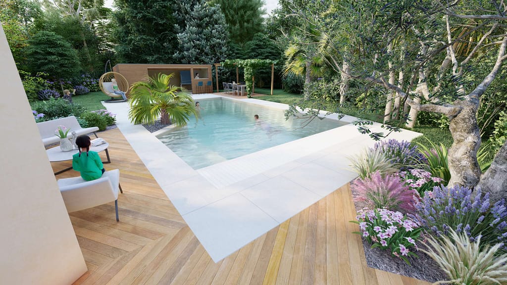 Projet d'aménagement extérieur sur plan 3D pour une maison de campagne à Vitré: Piscine volet roulant, margel en céramique, terrasse bois exotique pose chevron, local piscine bois, pergola bois avec plante grimpante.
