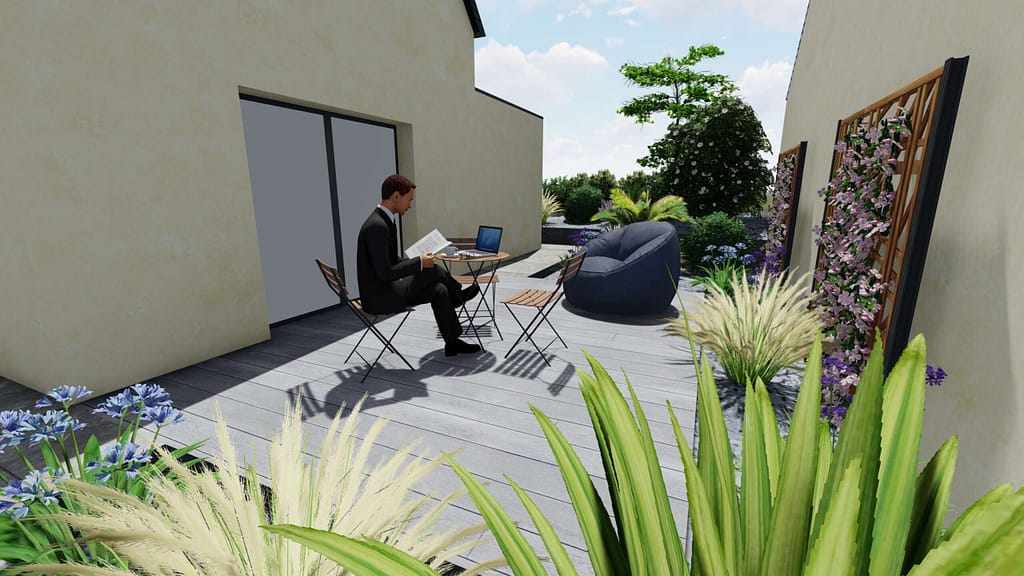 Projet d'aménagement extérieur sur plan 3D pour une maison à Vitré: Terrasse composite grise, clautras bois avec plante grimpante.