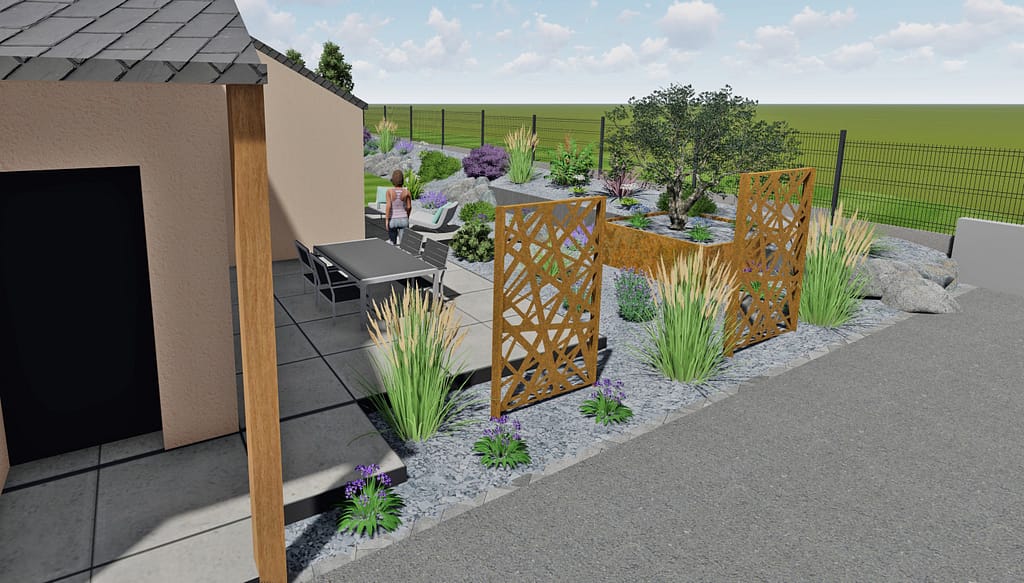Projet d'aménagement extérieur sur plan 3D pour une maison à Louvigne de Bais: Terrasse céramique 1x1m gris unis, jupe aluminium anthracite, grillage rigide avec plaque de sousbassement béton en décroché, Claustras en acier corten, bac acier corten, blocs roches, retenue de terre en ardoise, paillage ardoise.