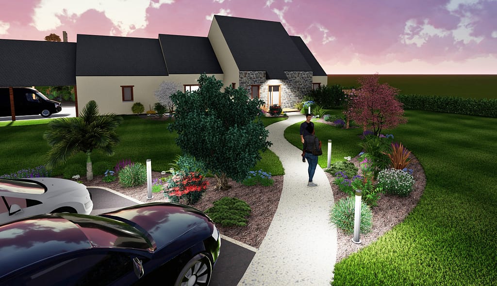 Projet d'aménagement extérieur sur plan 3D pour une maison de campagne à Noyal sur Vilaine: emplacement parking en bitume noir, chaînette pavée en pierre naturelle, allée en béton désactivé, sas d'entrée en composite, lumière d'ambiance, massif arrondi délimité par des bordures acier.