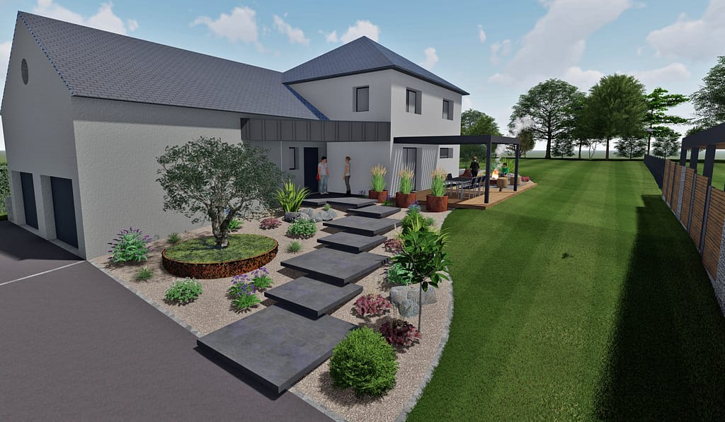 Projet d'aménagement extérieur sur plan 3D pour une maison moderne à Saint Pierre la Cours: escalier suspendu en béton coloris anthracite, murs de soutenement en acier corten, Bac en acier corten, terrasse bois avec intégration d'un partie en céramique, pergolas en aluminium, bitume noir et chaînette gris, paillage minéral, Olivier.