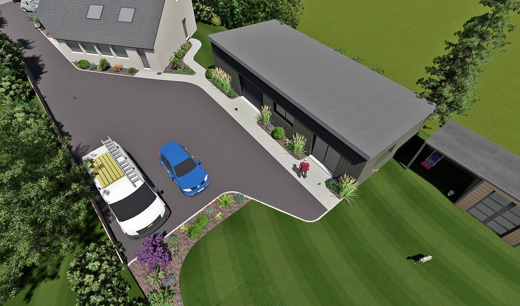 Projet d'aménagement extérieur sur plan 3D pour une maison neuve à Noyal sur Vilaine: Cours carrossable en bitume noir délimité par une chaînette pavé grès multicolore, Allée en béton désactivé, Massif d'agrémentation le long des batiments.
