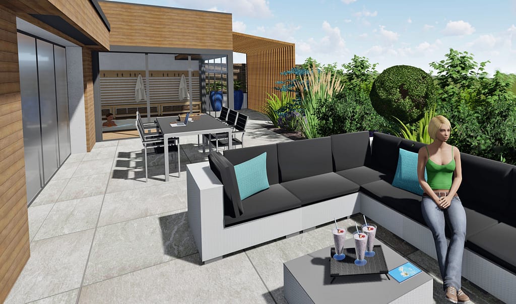 Projet d'aménagement extérieur sur plan 3D pour une maison moderne à Changé: Terrasse grès cérame format 1x1m ton pierre, Spa encastré, pergola bois graphique.
