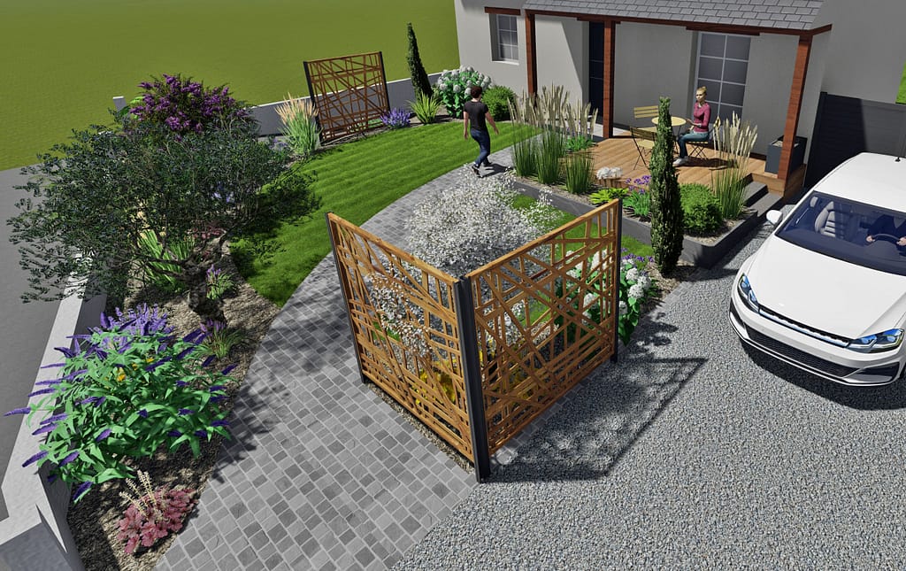 Projet d'aménagement extérieur sur plan 3D pour une maison à Etrelles: Allée pavé grès gris , bloc marche béton anthracite , Claustras bois, terrasse composite, retenue de terre en ardoise.